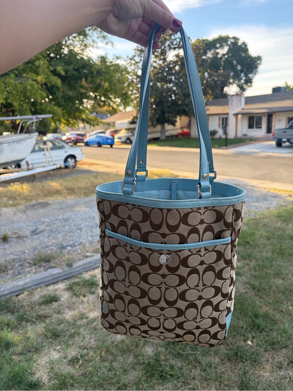 Coach Brown Signature Canvas Shoulder Bag with Light Blue Trim